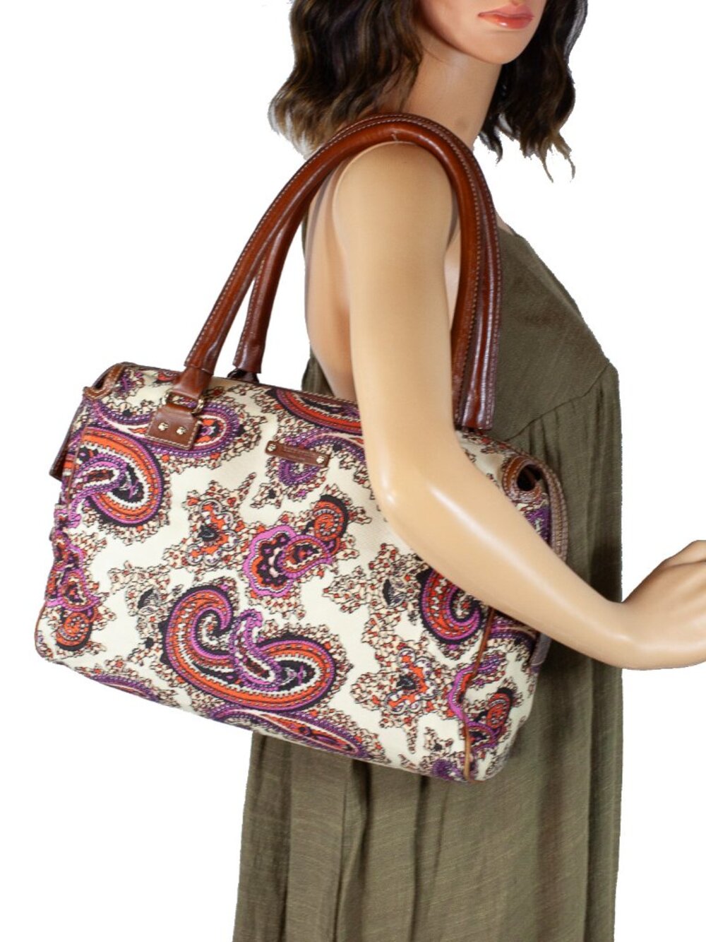 Kate Spade NY Paisley Coated Canvas Satchel Cognac Leather Dust Bag Vintage Y2K